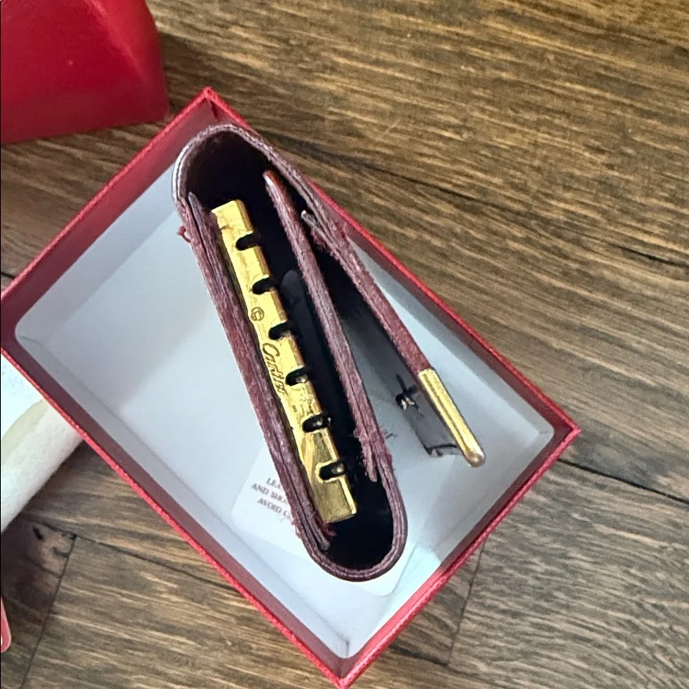 Cartier Burgundy Leather Key Card Holder with Gold plated corners w/ box